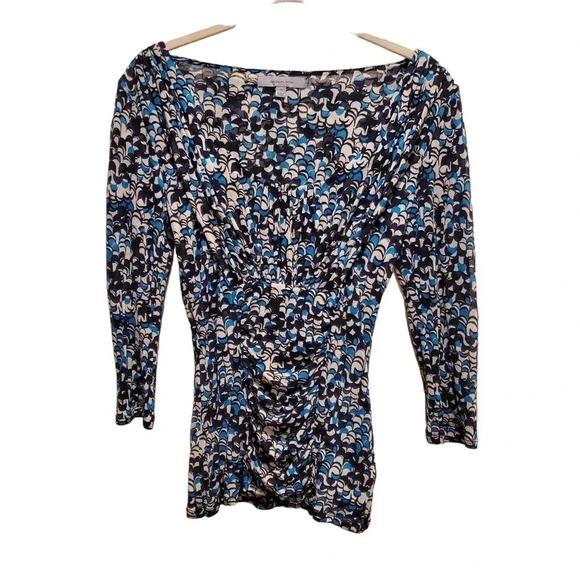 Classiques Entier Vintage Y2K Blue Black White Gathers Stretch Silk Top Blouse S - Picture 1 of 16